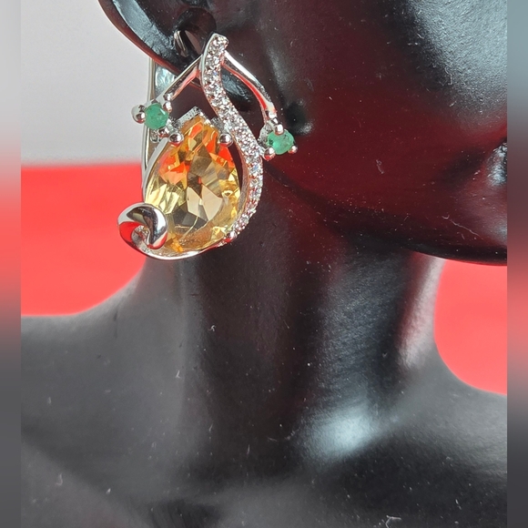 Natural Citrine & Emerald 925 Sterling Silver Set of Ring (Sz 8) & Earrings. - Picture 4 of 12